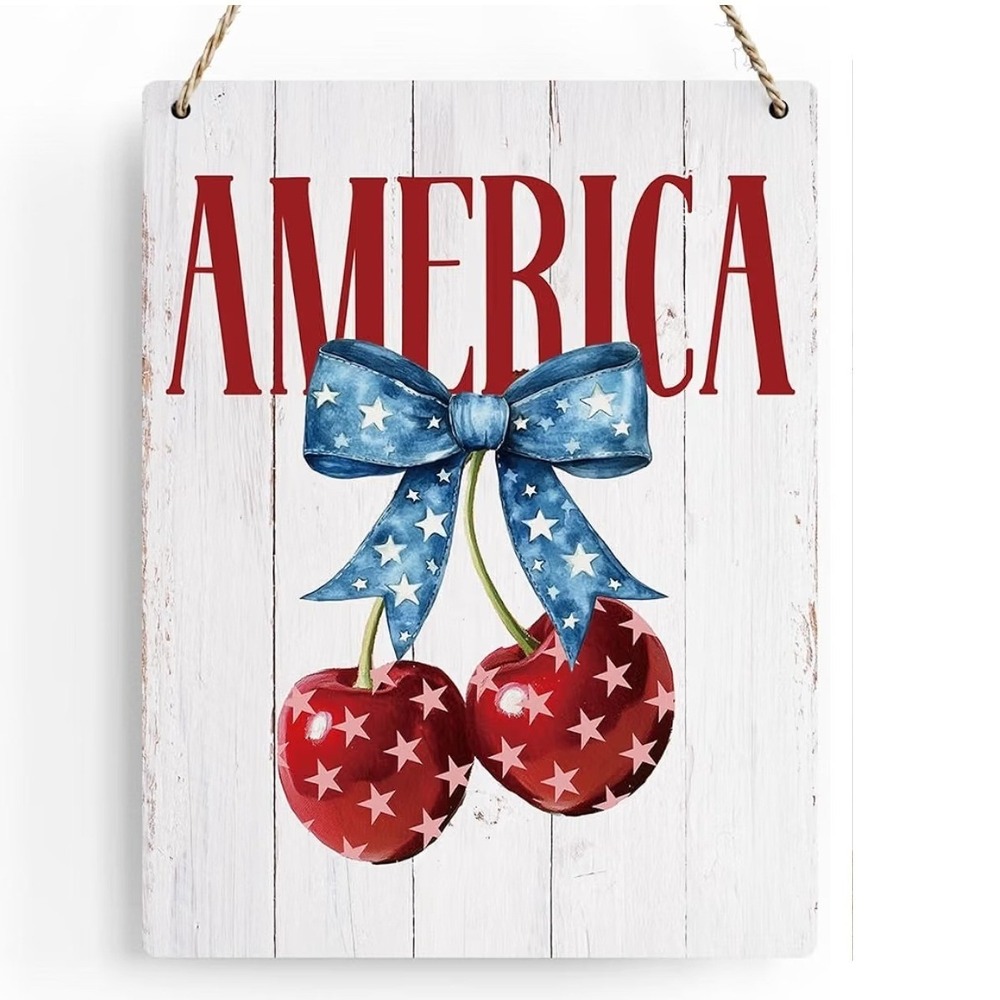 BELLOWDEER America Patriotic Wall Art Sign 4th of July Cherry Bow Decor 10x8